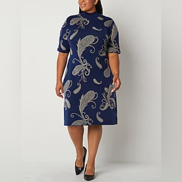Liz Claiborne Dresses & Skirts - Liz Claiborne Chic Blue and Grey Paisley Short Sleeve Sweater Dress